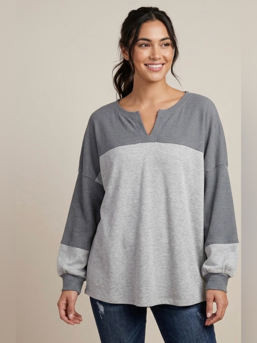 ANDREE By Unit Waffle Texture Notch Neck Color Block Top in Gray Size 3X NWT